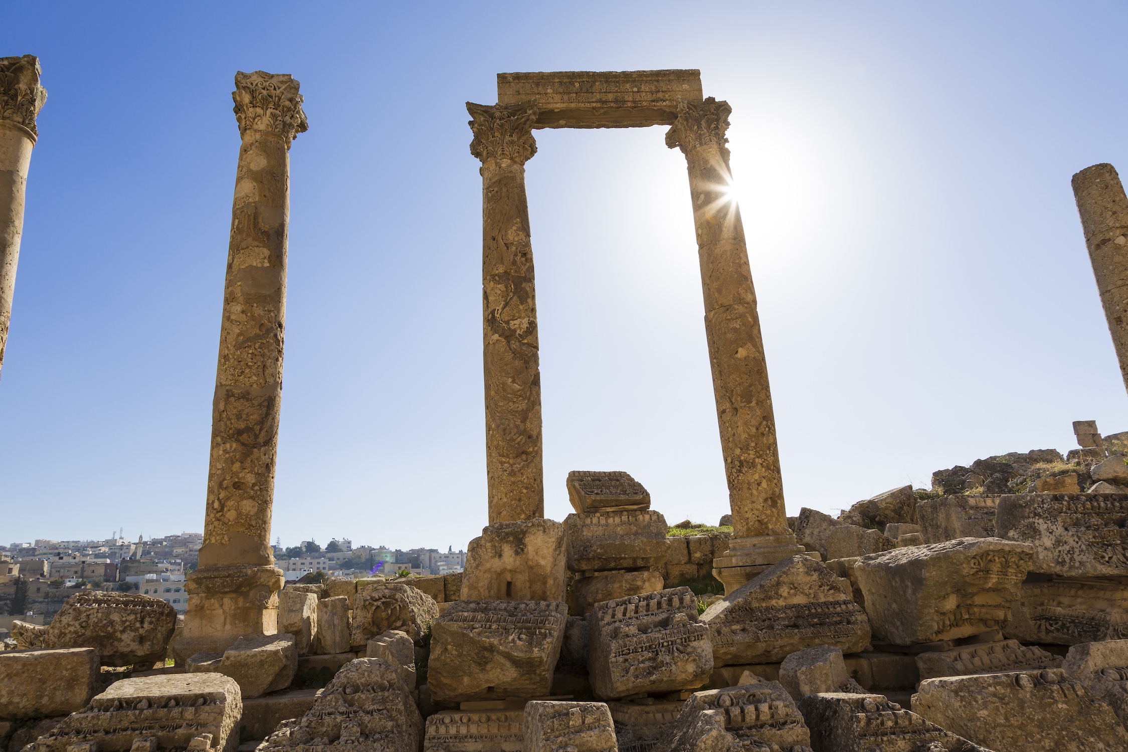 Jerash,Jordan,Ancient ruin of colonnade with architrave fragments and columns.