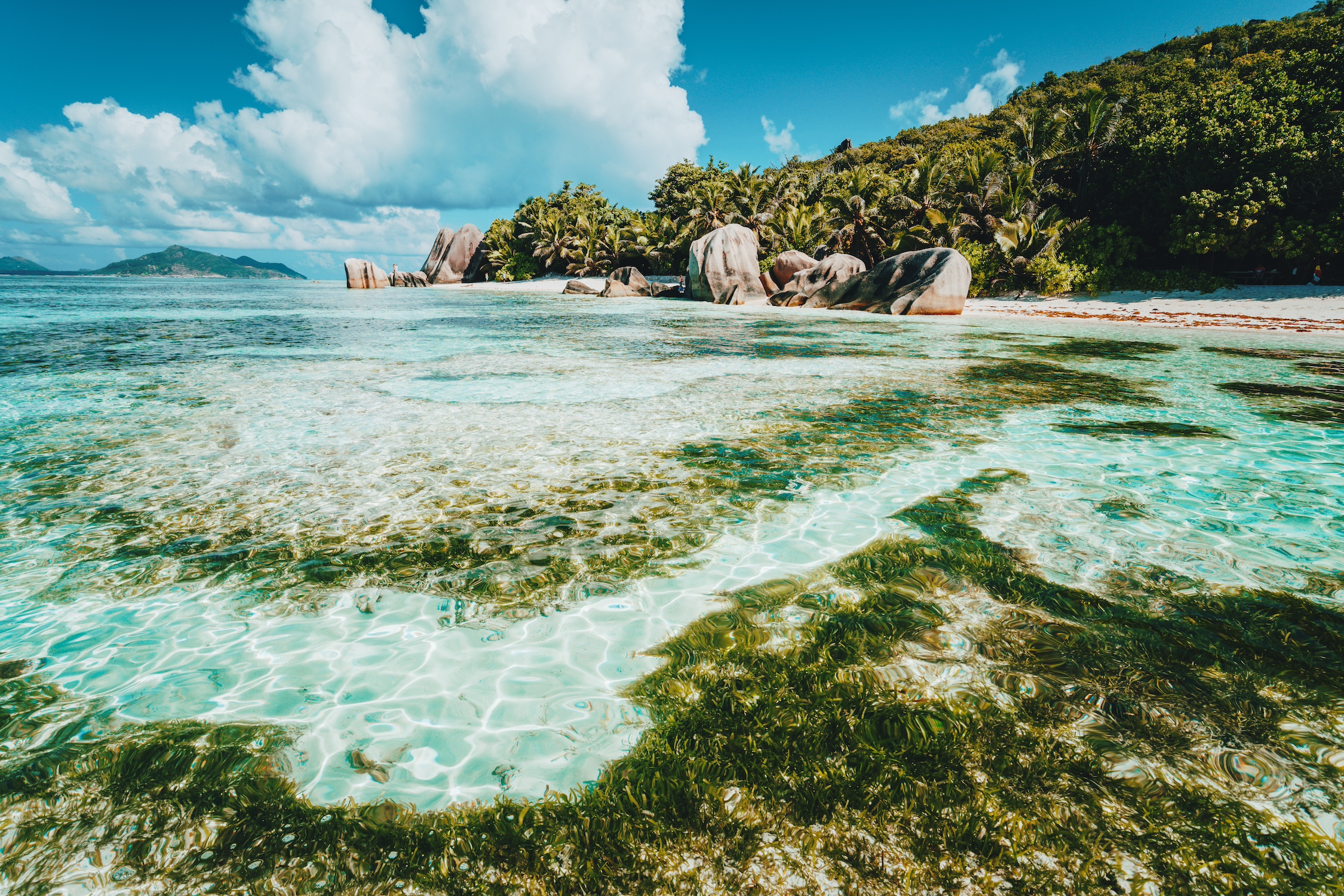 La Digue Island, Seychelles. World famous tropical beach Anse Source d'Argent with granite boulders