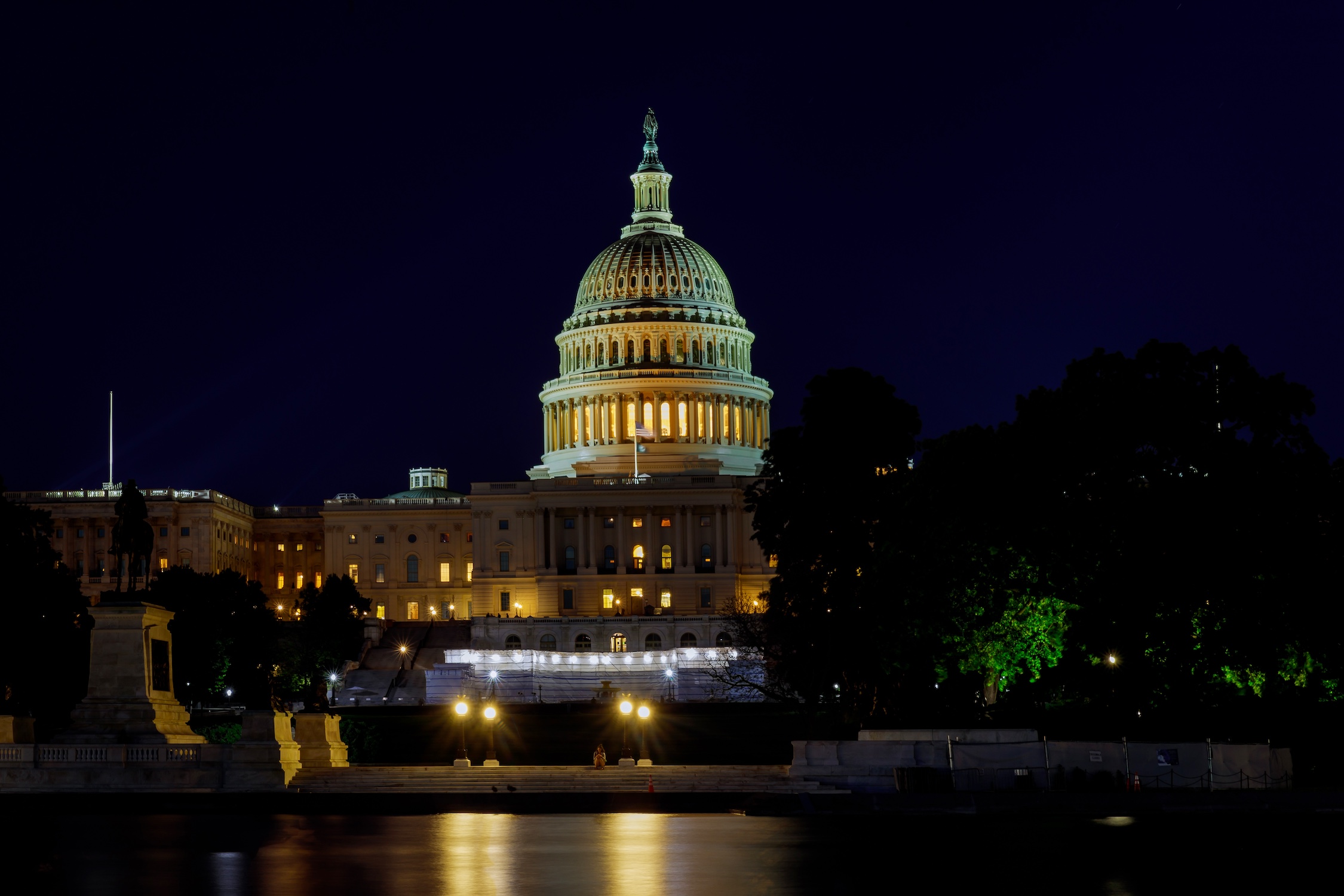 Panoramic image of the Capital of the United States with the capital pool in light.