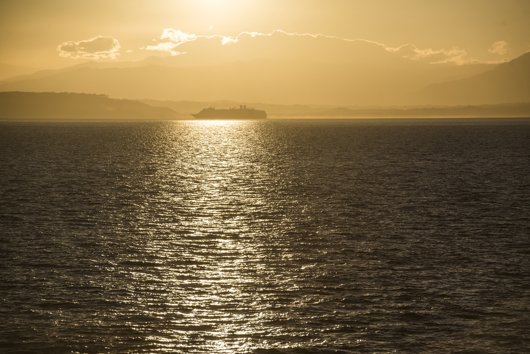 Car and passenger ferry crossing Gulf of Nicoya at sunrise, to Punta Arenas, Costa Rica, Central Ame